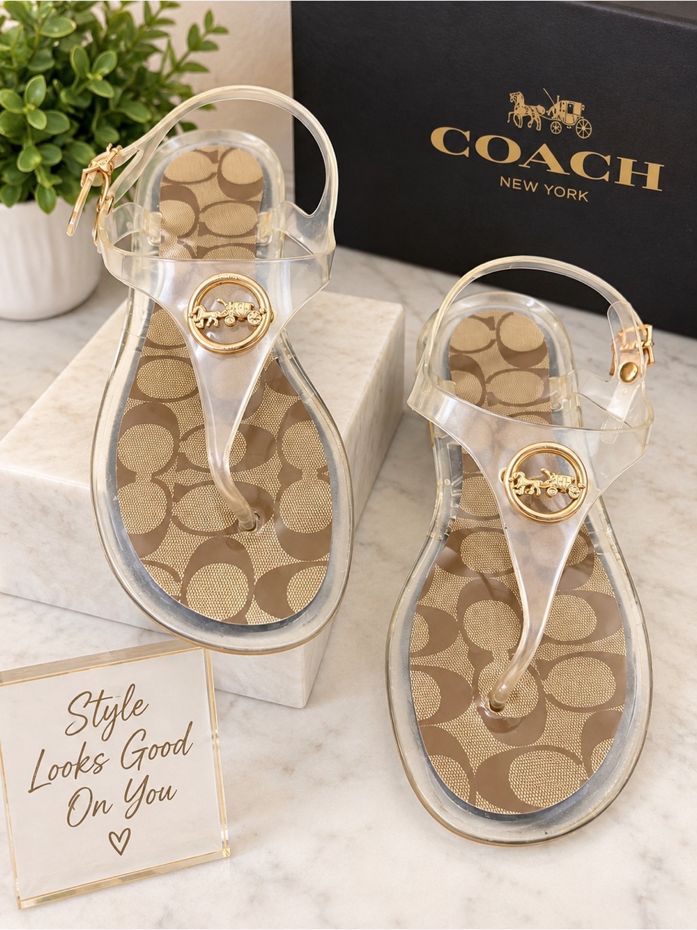 COACH Vintage Clear Jelly Thong Sandals with Tan Signature Insole & Gold Accents